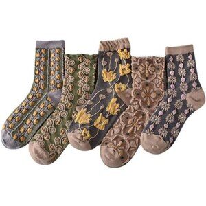 5 Pairs Womens Floral Cute Socks Vintage Embroidered Plant Socks for Women